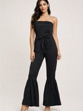 Rue21 Black Strapless Tie-Waist Flared-Leg Jumpsuit
